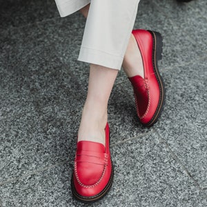 Red penny loafer women shoes, flat loafers image 5