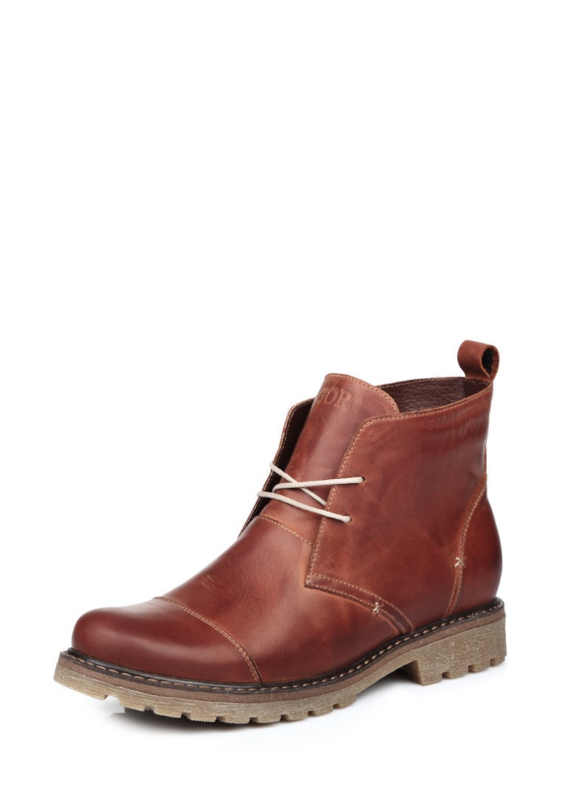May include: Brown leather ankle boots with lace-up closure and a rugged sole.