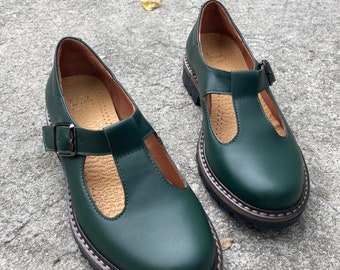 Green Leather Mary Jane Shoes: Handcrafted T-strap Flats
