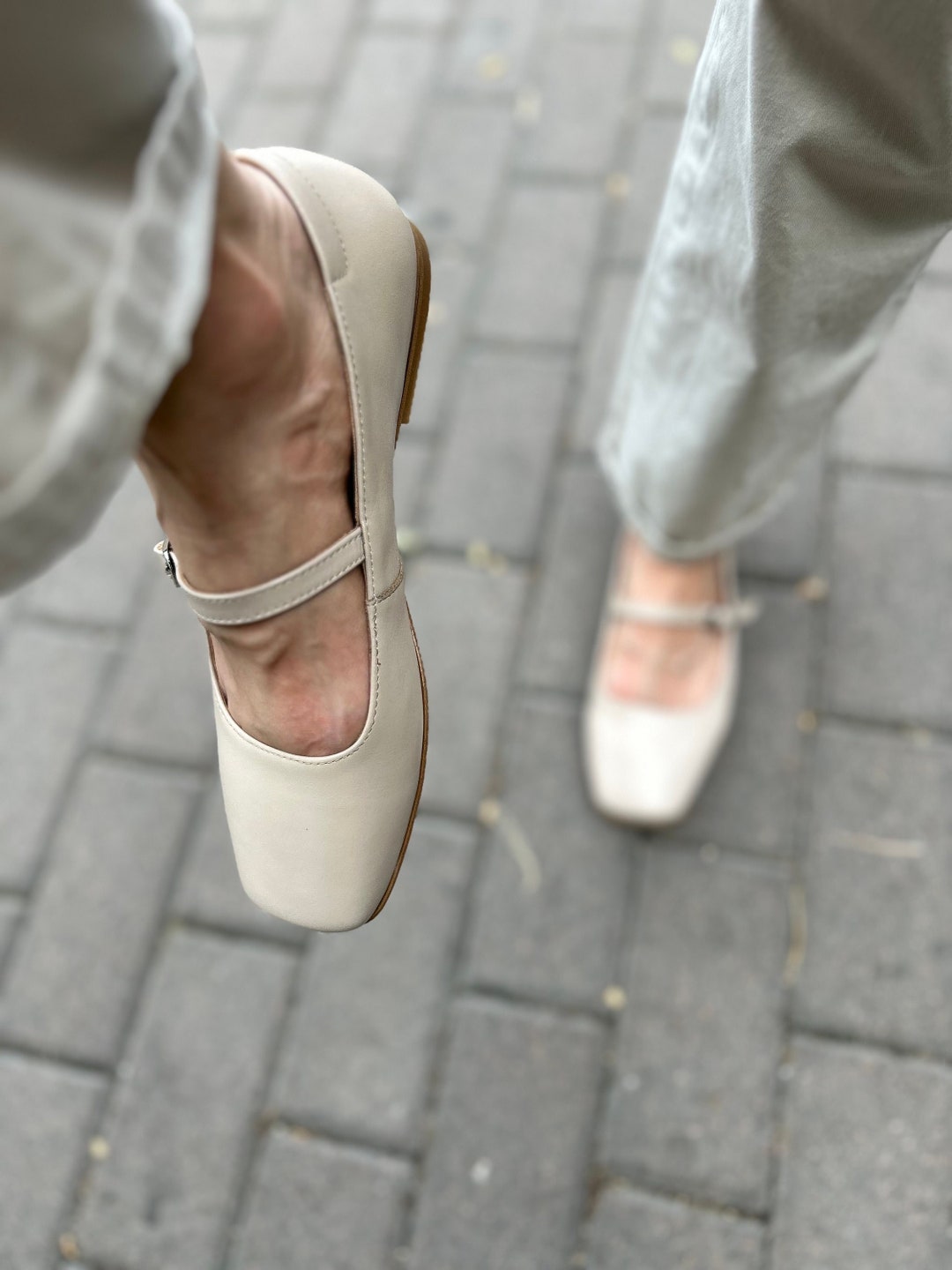 Square Toe Beige Leather Mary Janes: T-strap Ballet Flats - Etsy