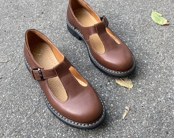 Brown leather Women Mary Janes brown leather shoes, flat mary janes shoes