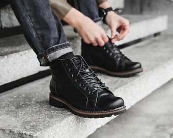 Frauen schwarz schnüren niedrigen Leder Affen Stiefel, Frauen