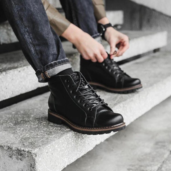 Women black lace up low ankle leather monkey boots, women boots, women winter boots