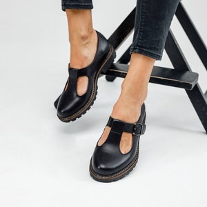 Women Mary Janes T-strap Black Leather Shoes, Flat T Strap Mary Jane ...