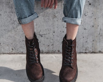 Botas de ante marrón para mujer, botas de invierno de nobuk