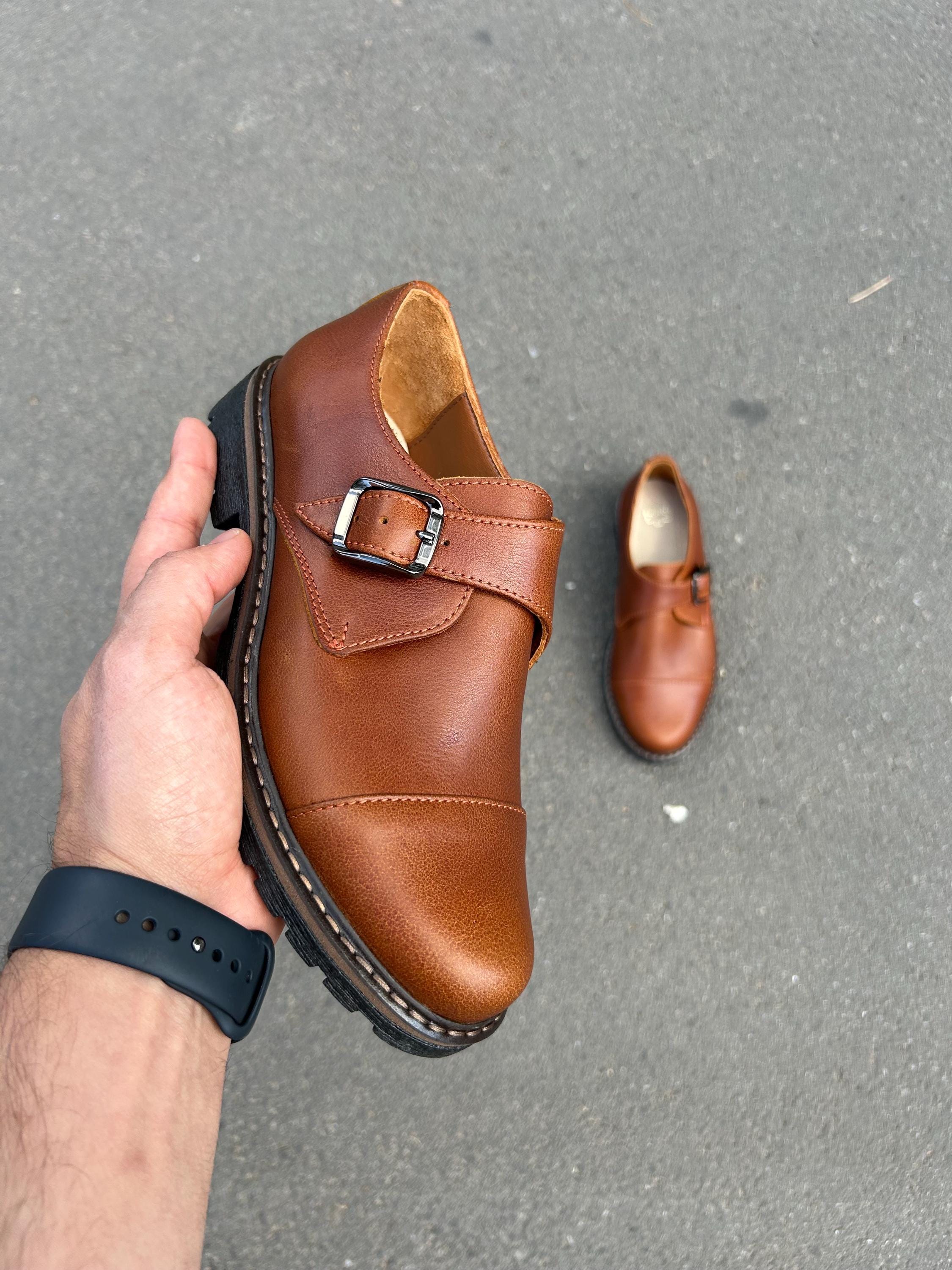 Handcrafted Camel Leather Monk Strap Shoes: Women's Oxford Style