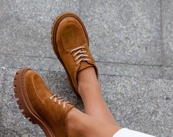 Brown leather women oxford tie shoes