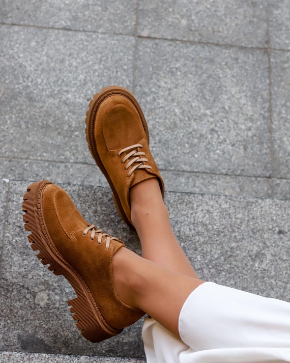 Brown Leather Women Oxford Tie Shoes 