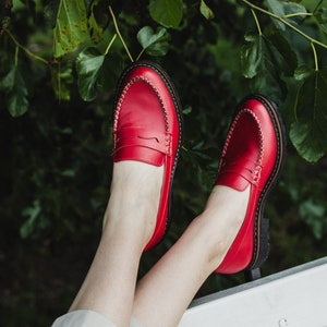 Red penny loafer women shoes, flat loafers image 3