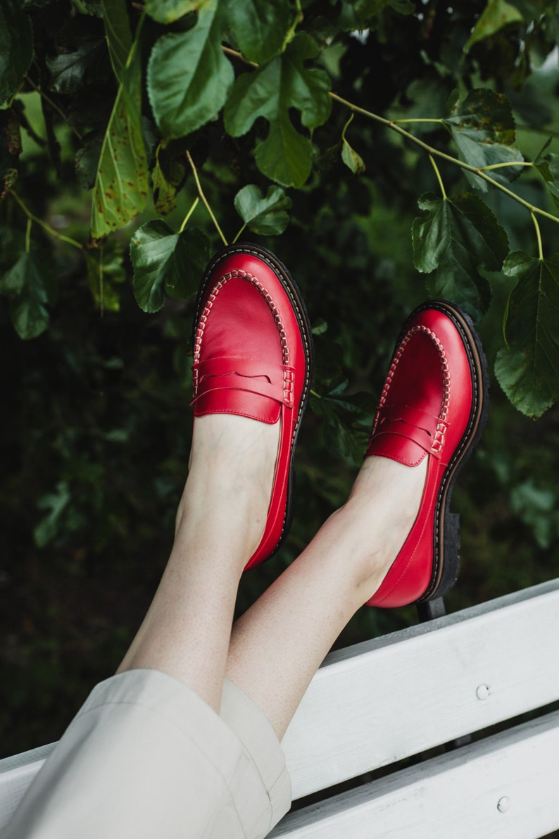 Red penny loafer women shoes, flat loafers image 3