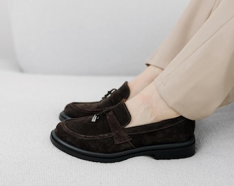 Chocolate brown women suede loafers, comfortable slip on shoes