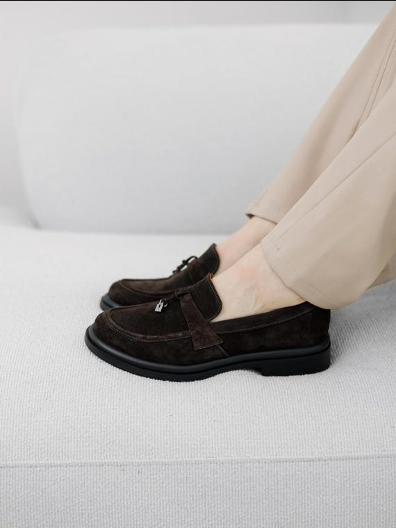 Chocolate brown women suede loafers, comfortable slip on shoes