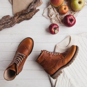Women brown cognac brogue boots, leather winter boots image 4