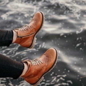 Women brown cognac brogue boots, leather winter boots image 2