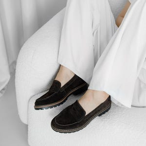 Womens dark brown suede loafers, comfortable slip-on shoes