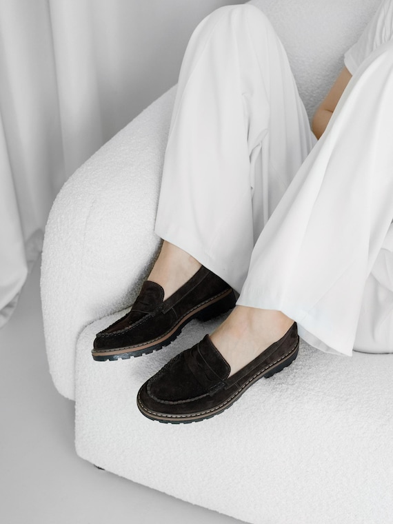 Womens dark brown suede loafers, comfortable slip-on shoes