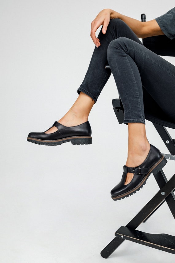 Women Mary Janes Handmade Black Leather 