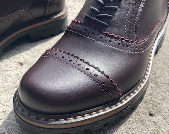 Burgundy leather women oxfords brogue shoes