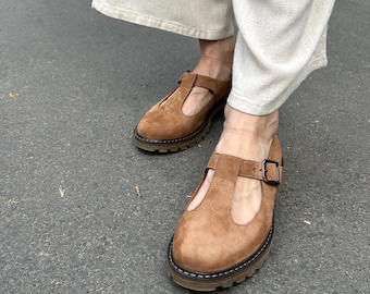 Camel Suede Mary Janes: T-Strap Leather Flats