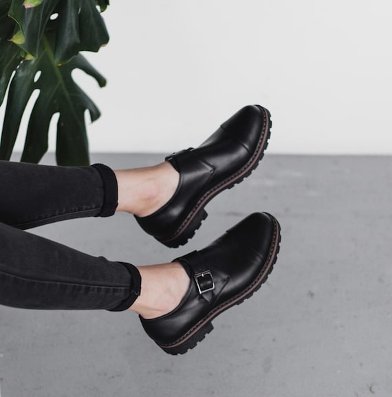 Women black leather monk shoes, oxford women shoes, black tie shoes