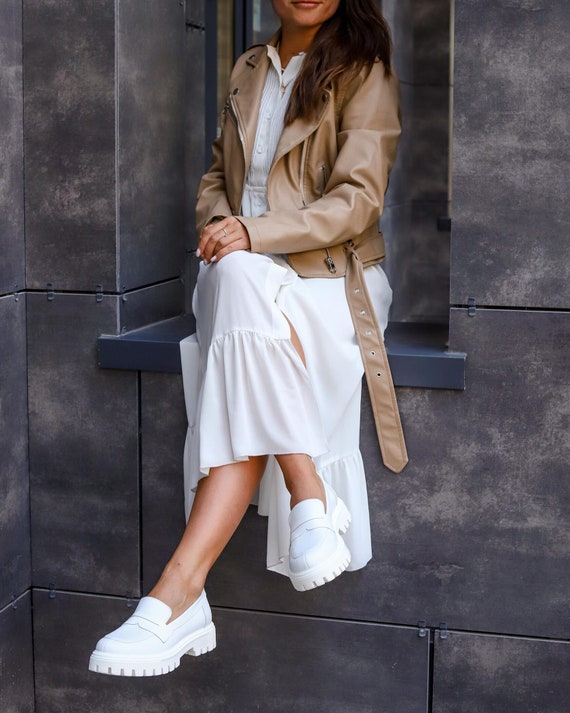 Ladies white hotsell leather loafers