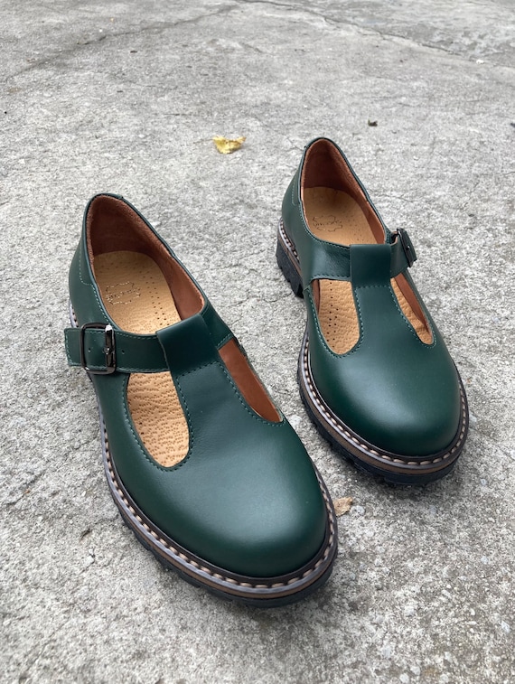 Women Green Leather Mary Jane Shoes: Handmade T-Strap casual Flat shoes