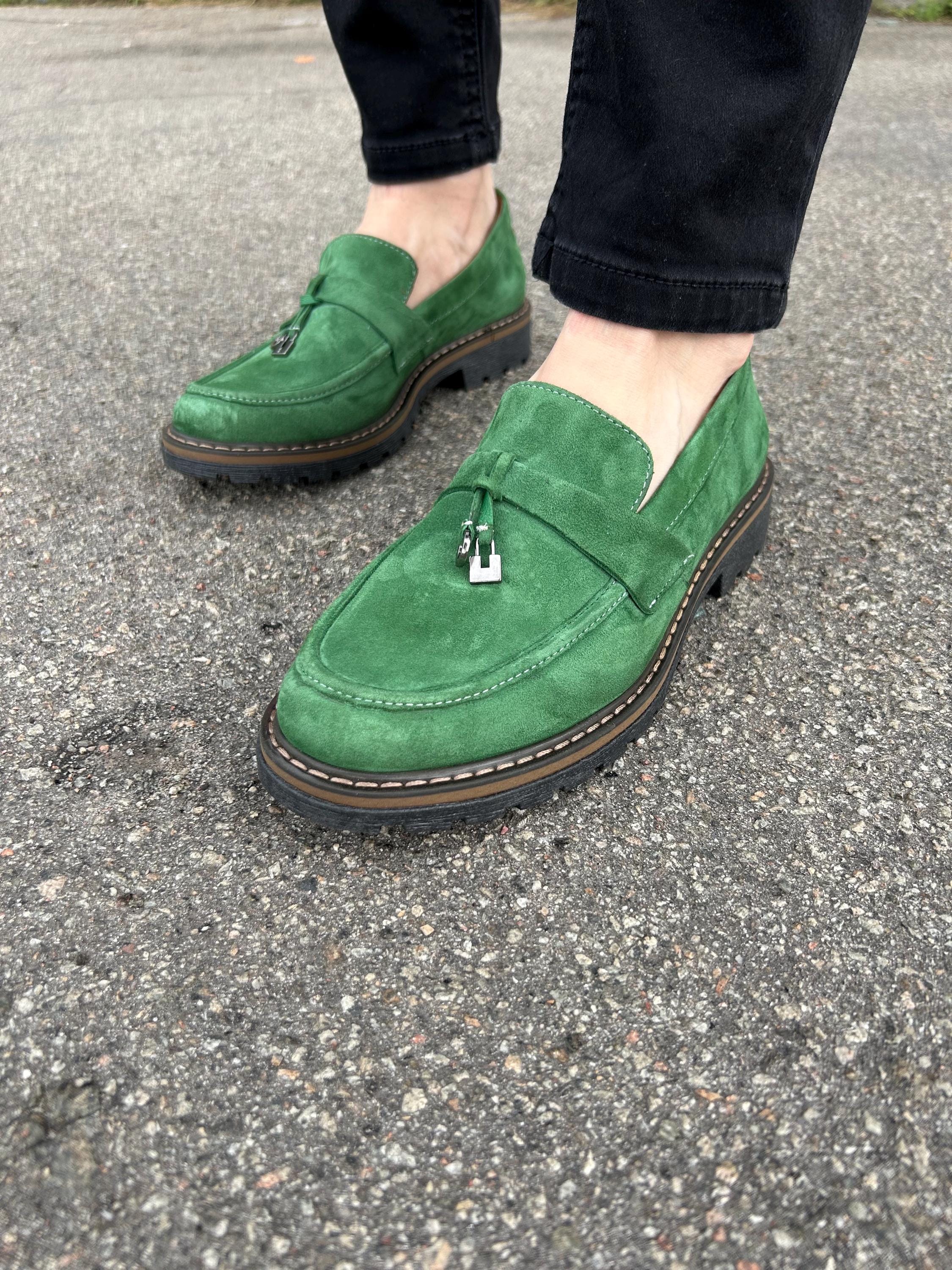 Green Suede Loafers, Comfortable Slip-on Shoes - Etsy
