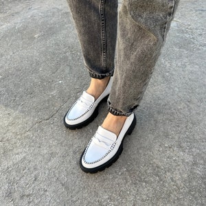 Women white classic chunky penny loafer shoes