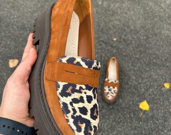 Chunky Leopard Loafers | Handmade Suede Platform Shoes | Brown and Animal Print Slip-ons for Women