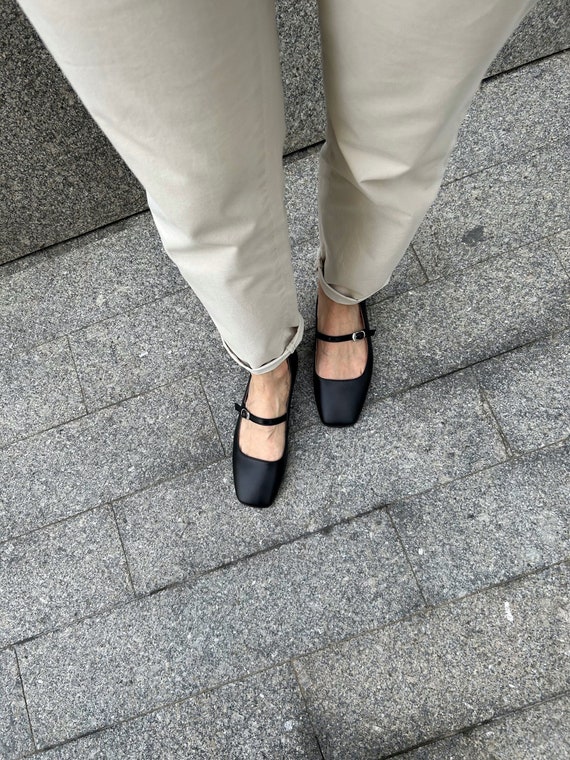 Square Toe Mary Janes T strap Black Leather Square Toe Shoes Flat T Strap Mary Jane Shoes Etsy