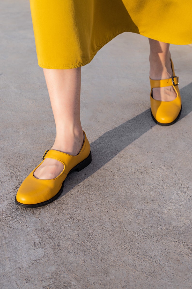 Yellow mary jane women shoes with thin sole image 2