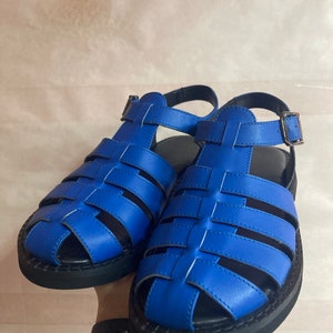 May include: A pair of blue leather sandals with a caged design and black soles.