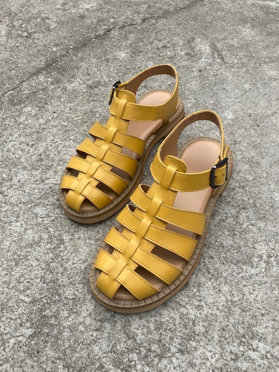 Yellow Leather Fisherman Sandals: Gladiator Summer Shoes