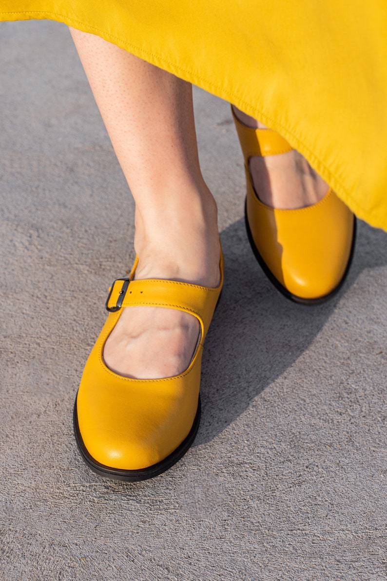 Yellow mary jane women shoes with thin sole image 5