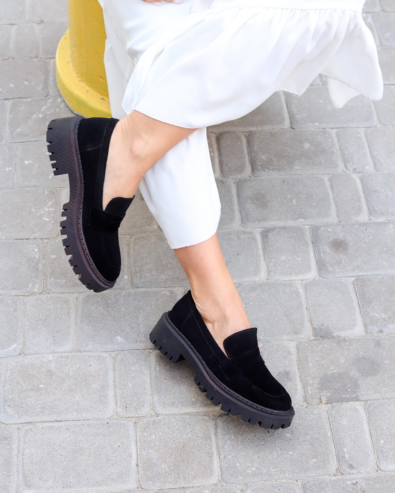 black suede platform loafers