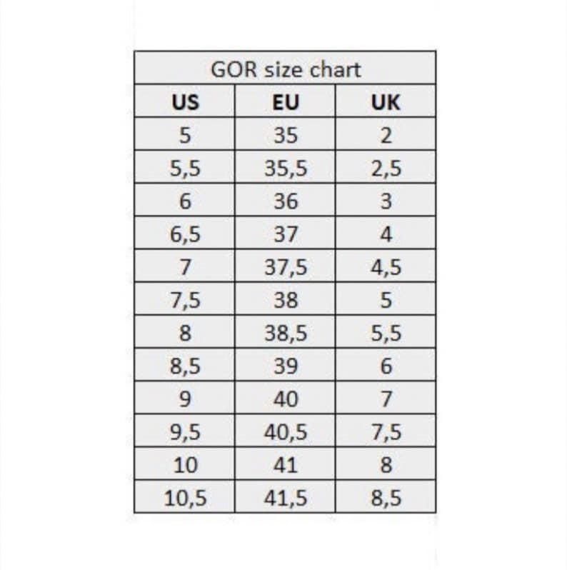 May include: A size chart for shoes, showing US, EU, and UK sizes. The chart shows sizes from 5 to 10.5 US, 35 to 41.5 EU, and 2 to 8.5 UK.