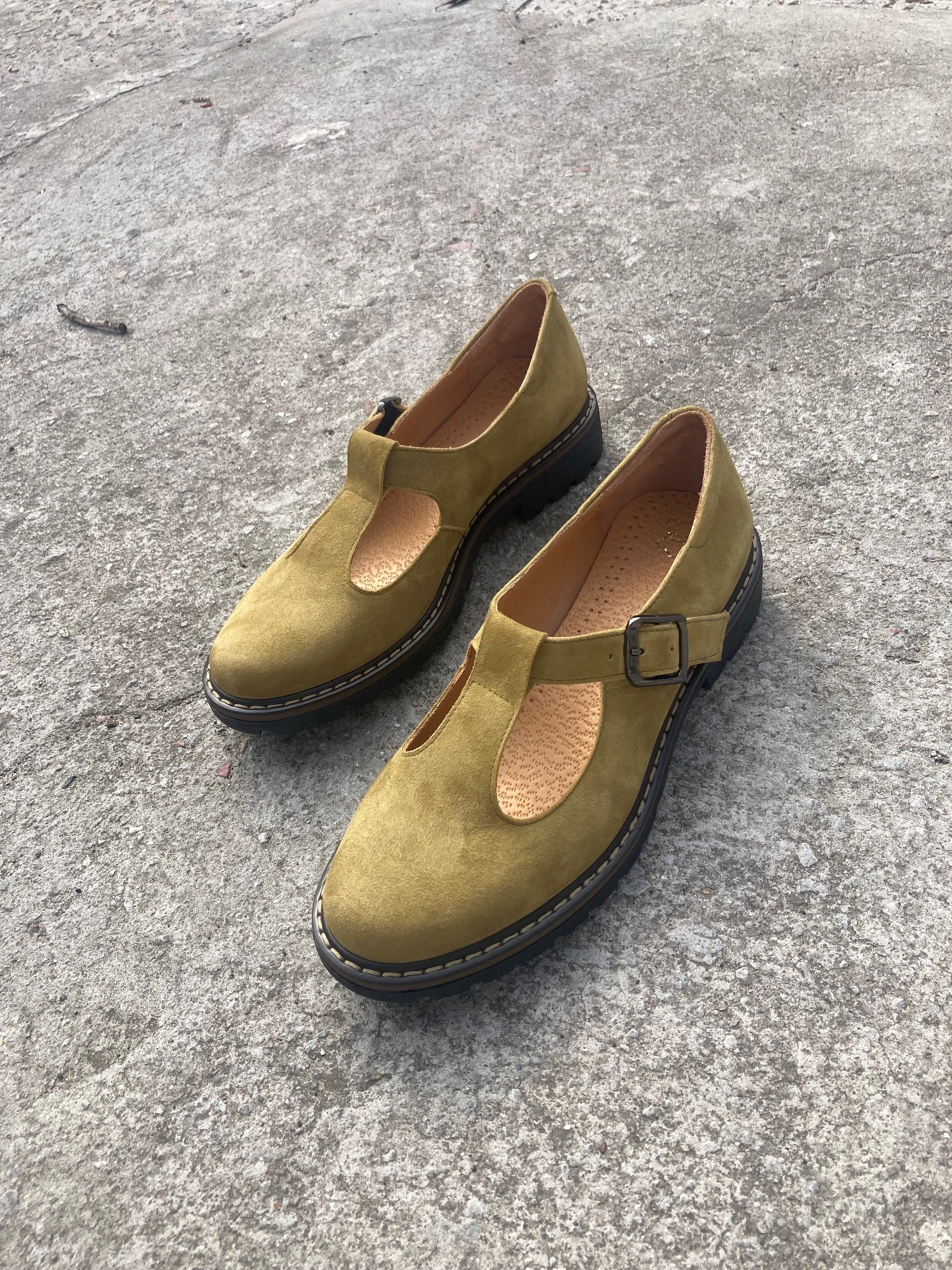 Mustard Yellow Suede Velvet Mary Janes: Women