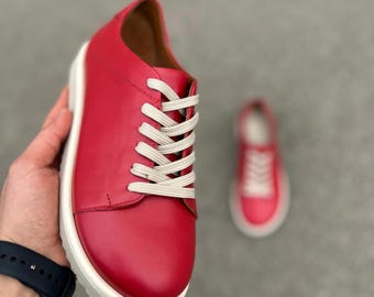 Women Anatomic Wide Toe Box Red Leather tie shoes: Red barefoot sneakers