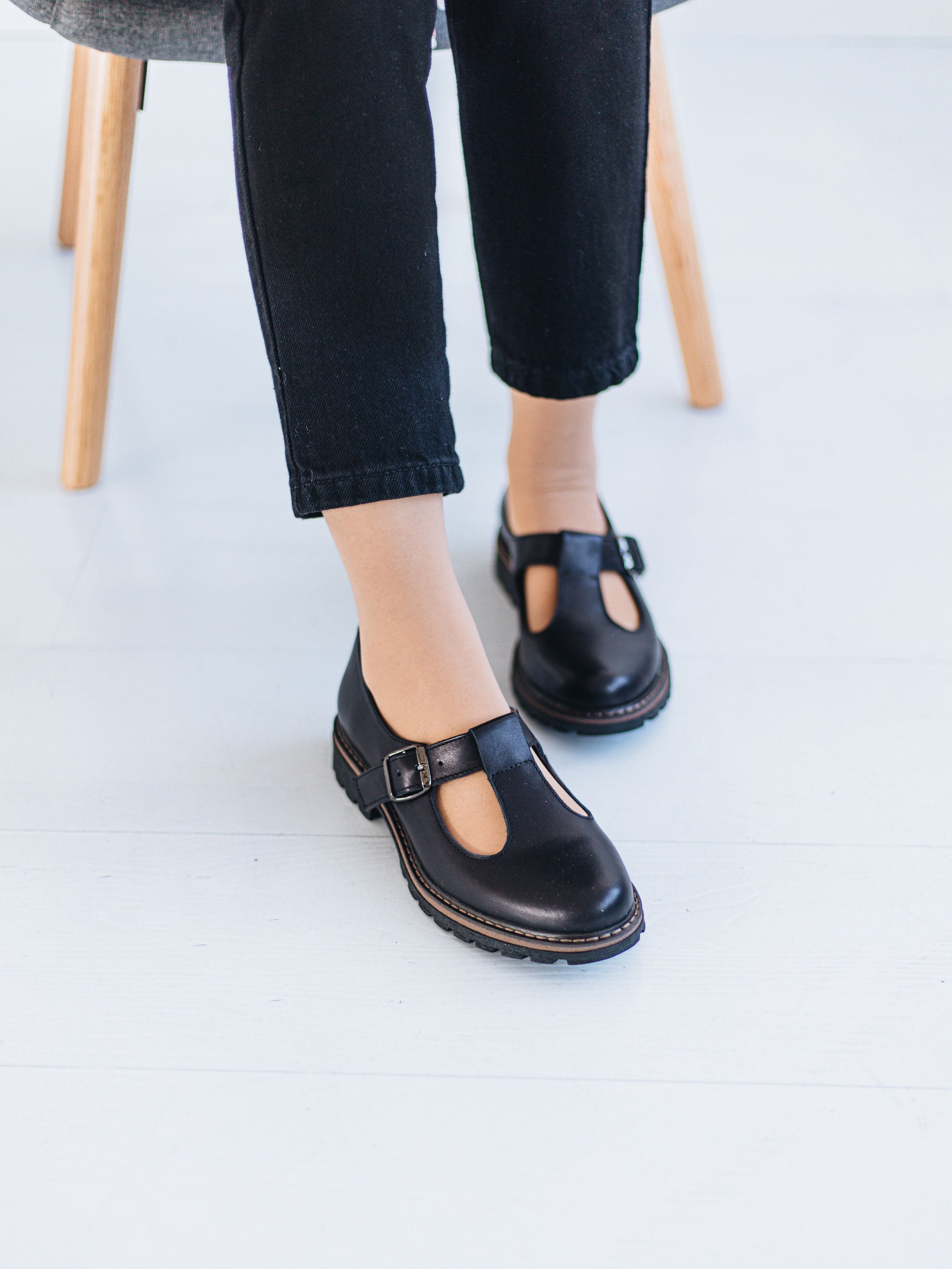 Women Mary Janes Handmade Black Leather Shoes Flat Mary Janes - Etsy ...