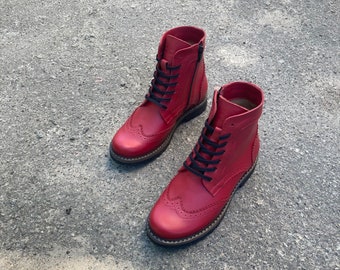 Women red brogue boots