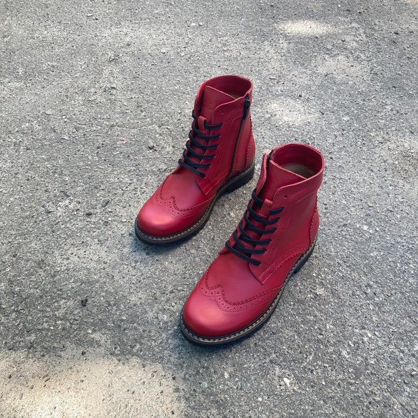 Women red brogue boots