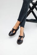 Women Mary Janes t-strap black leather shoes, flat t strap mary jane shoes product logo
