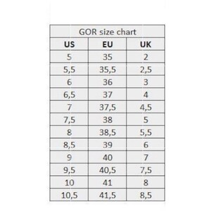 Puede incluir: Una tabla de tallas para zapatos de mujer, que muestra las tallas US, EU y UK. La tabla muestra las tallas de 5 a 10,5 US, de 35 a 41,5 EU y de 2 a 8,5 UK.