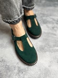 Emerald Green Suede Mary Janes: T-Strap Leather Shoes product logo