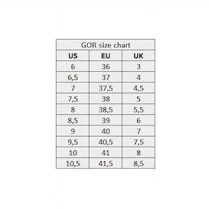 Puede incluir: Una tabla de tallas para zapatos de mujer que muestra las tallas US, EU y UK. La tabla muestra las tallas de 6 a 10,5 US, de 36 a 41,5 EU y de 3 a 8,5 UK.