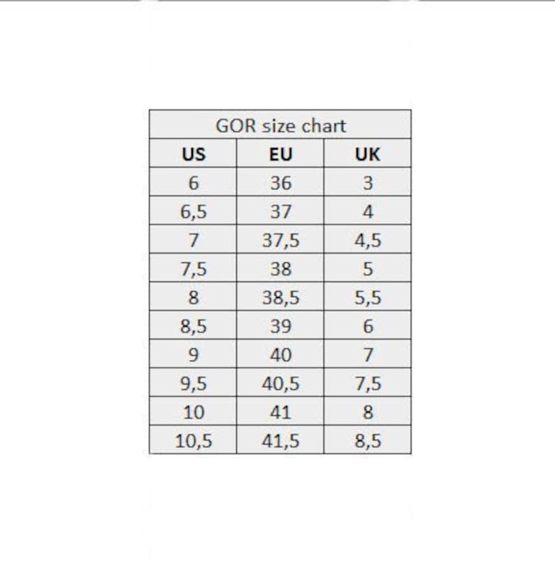 Puede incluir: Una tabla de tallas para zapatos de mujer que muestra las tallas US, EU y UK. La tabla muestra las tallas de 6 a 10,5 US, de 36 a 41,5 EU y de 3 a 8,5 UK.