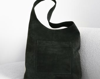 Handmade Suede Hobo Bag: Green Velour Tote with Zipper