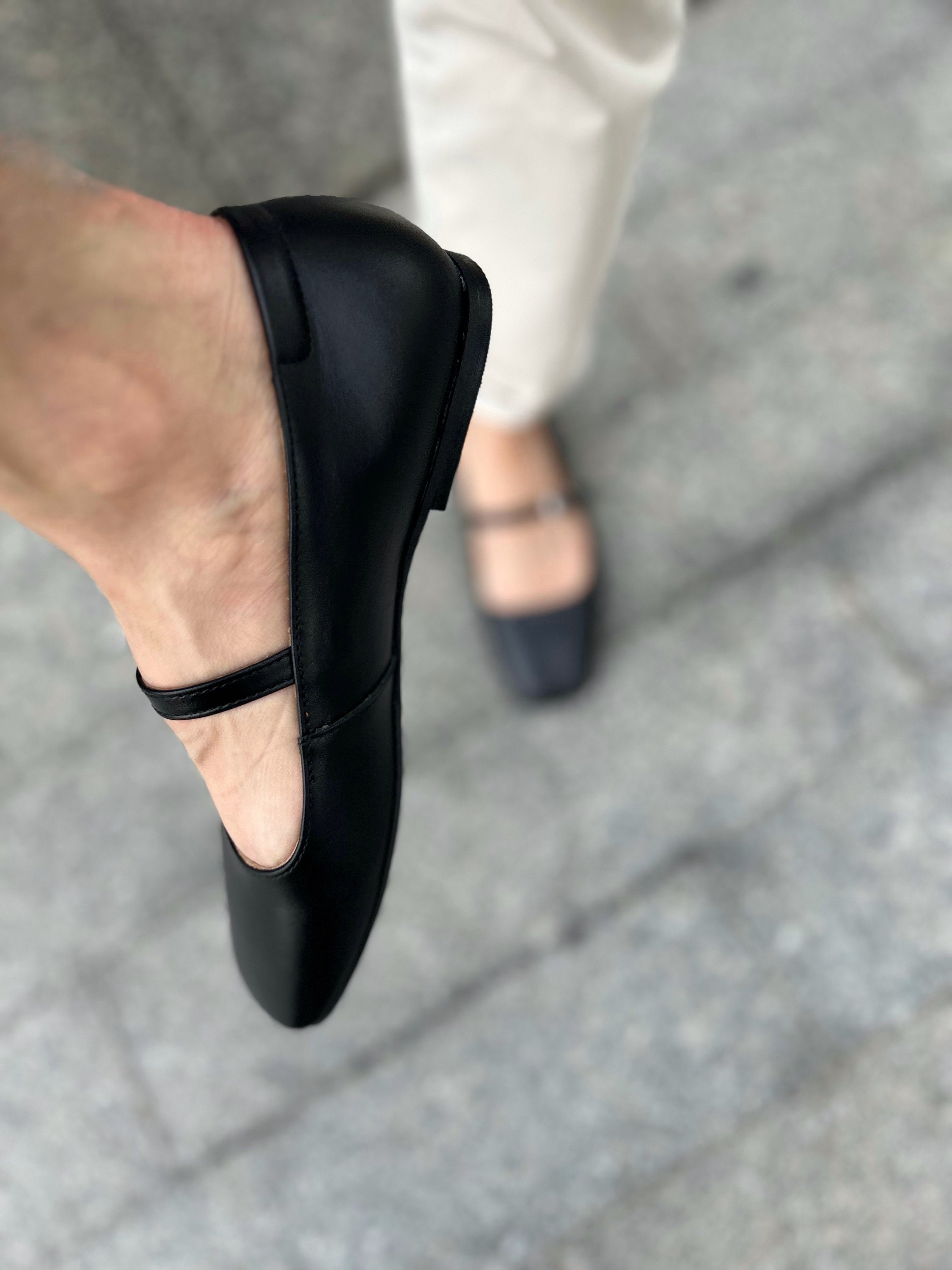 Black Leather Square Toe Mary Janes: T-strap Ballet Flats - Etsy