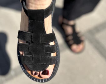 Soft black suede fisherman sandals for women, comfortable summer black shoes