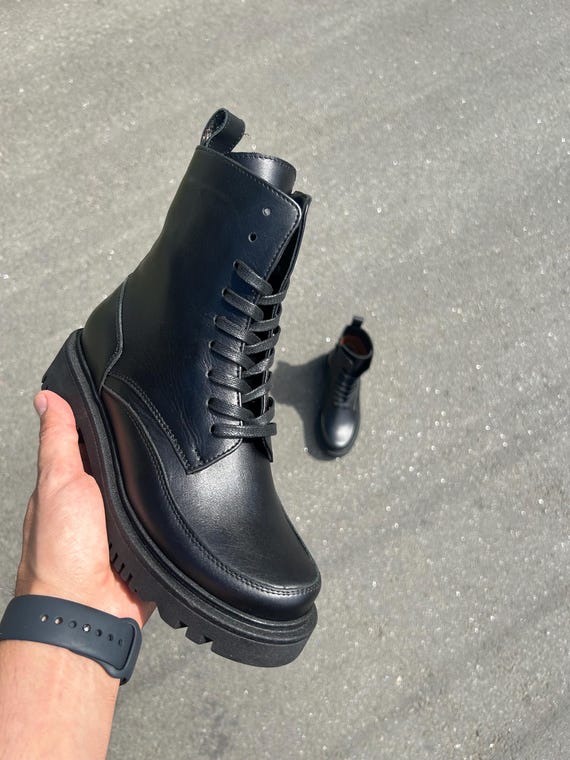 Womens Black Leather Combat Boots, Lace-up Ankle Boots - Etsy display picture 2